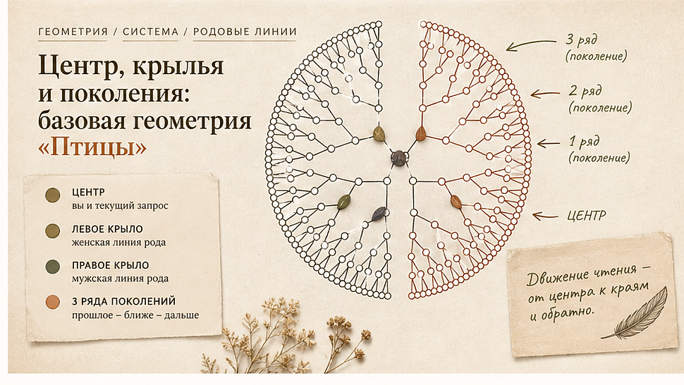 Карточка-инфографика: Центр, крылья и поколения: базовая геометрия «Птицы»